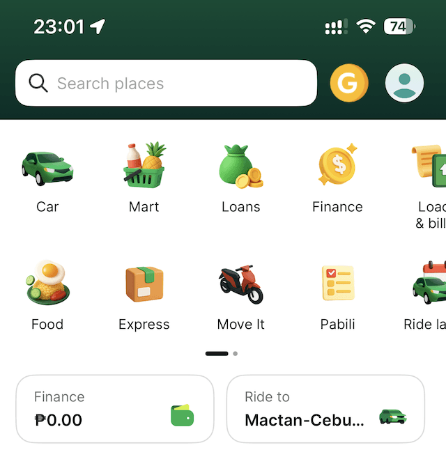 Schermata principale dell'app Grab. Selezione di 'Car' dall'elenco dei servizi
