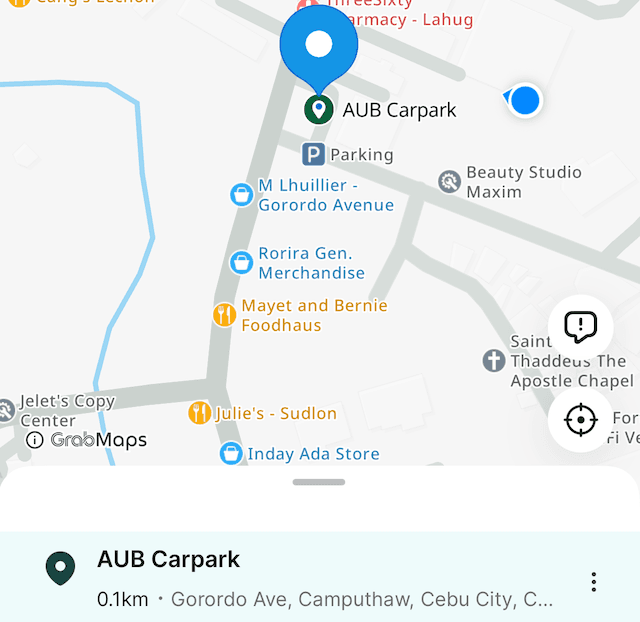 Il segnaposto di AUB Car Park visualizzato sulla mappa dell'app Grab