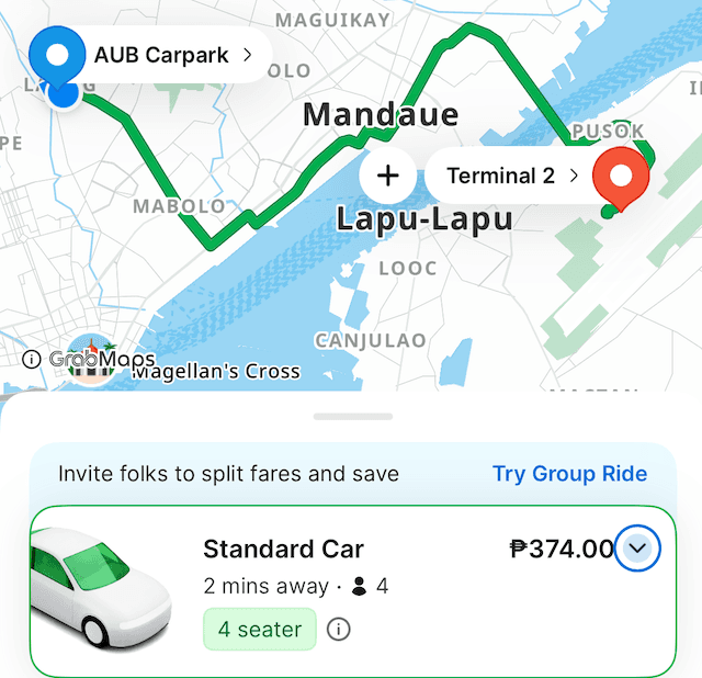 Schermata dell'app Grab con il percorso e la tariffa da AUB Car Park al Terminal 2