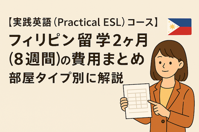 【実践英語(Practical ESL)コース】フィリピン留学2ヶ月(8週間)の費用まとめ|部屋タイプ別に解説